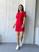 Летнее льняное легкое платье с накладными карманами красный 46-48