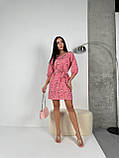 Легка літня сукня в квіточку рожева сукня прямого крою з поясом коротка жіноча сукня з рукавом на літо, фото 3