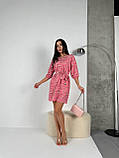 Легка літня сукня в квіточку рожева сукня прямого крою з поясом коротка жіноча сукня з рукавом на літо, фото 4