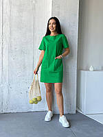 Летнее льняное легкое платье с накладными карманами зеленый