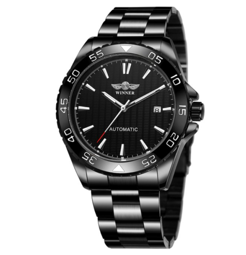 Елітний чорний наручний годинник winner з металевим ремінцем, фото 1