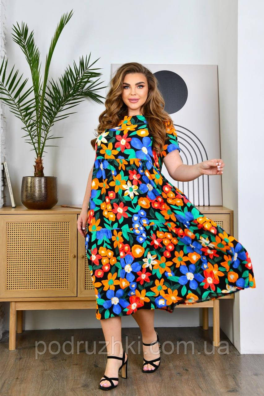 Яскрава літня сукня вільного силуету Тканина штапель (коттон) Розміри 52-54, фото 1