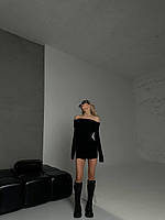Сукня жіноча приталена, міні, зі спущеними плечима, чорна, з щільної віскози