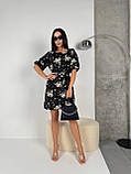 Легка літня сукня в квіточку чорна сукня прямого крою з поясом коротка жіноча сукня з рукавом на літо, фото 3