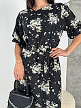 Легка літня сукня в квіточку чорна сукня прямого крою з поясом коротка жіноча сукня з рукавом на літо, фото 4