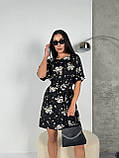 Легка літня сукня в квіточку чорна сукня прямого крою з поясом коротка жіноча сукня з рукавом на літо, фото 5