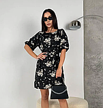 Легка літня сукня в квіточку чорна сукня прямого крою з поясом коротка жіноча сукня з рукавом на літо, фото 7