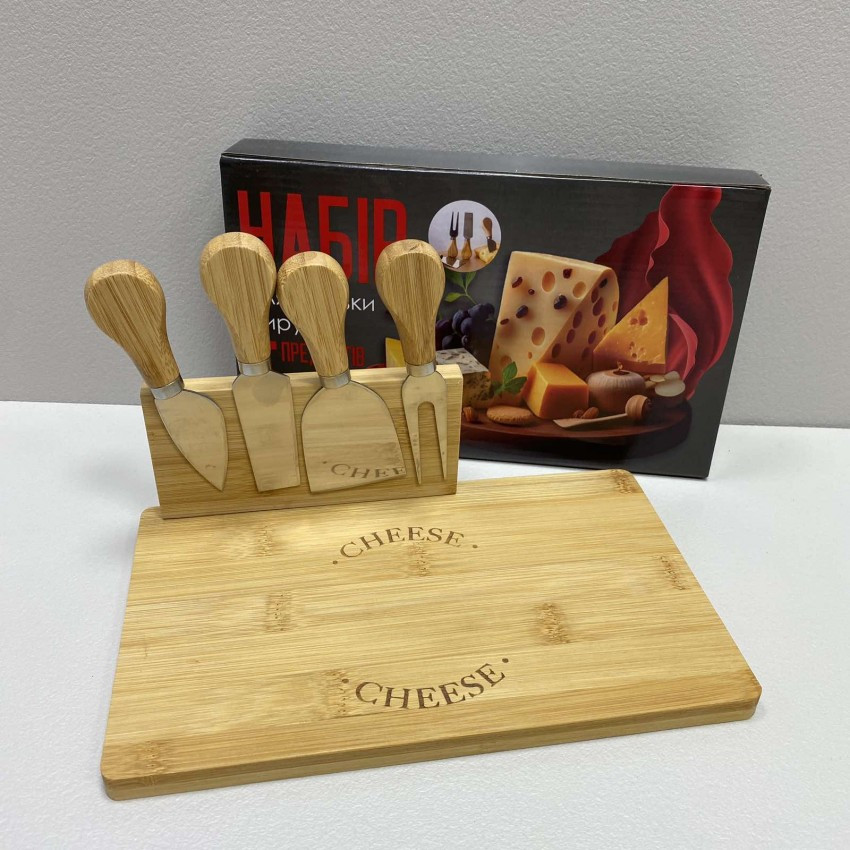 Набір для нарізки сиру 4 предмети ( дошка бамбукова, ніж для сиру - 3 шт) на магніті 25*15*1 см S&T 8836, фото 1