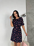 Легка літня сукня в квіточку синя сукня прямого крою з поясом коротка жіноча сукня з рукавом на літо, фото 6