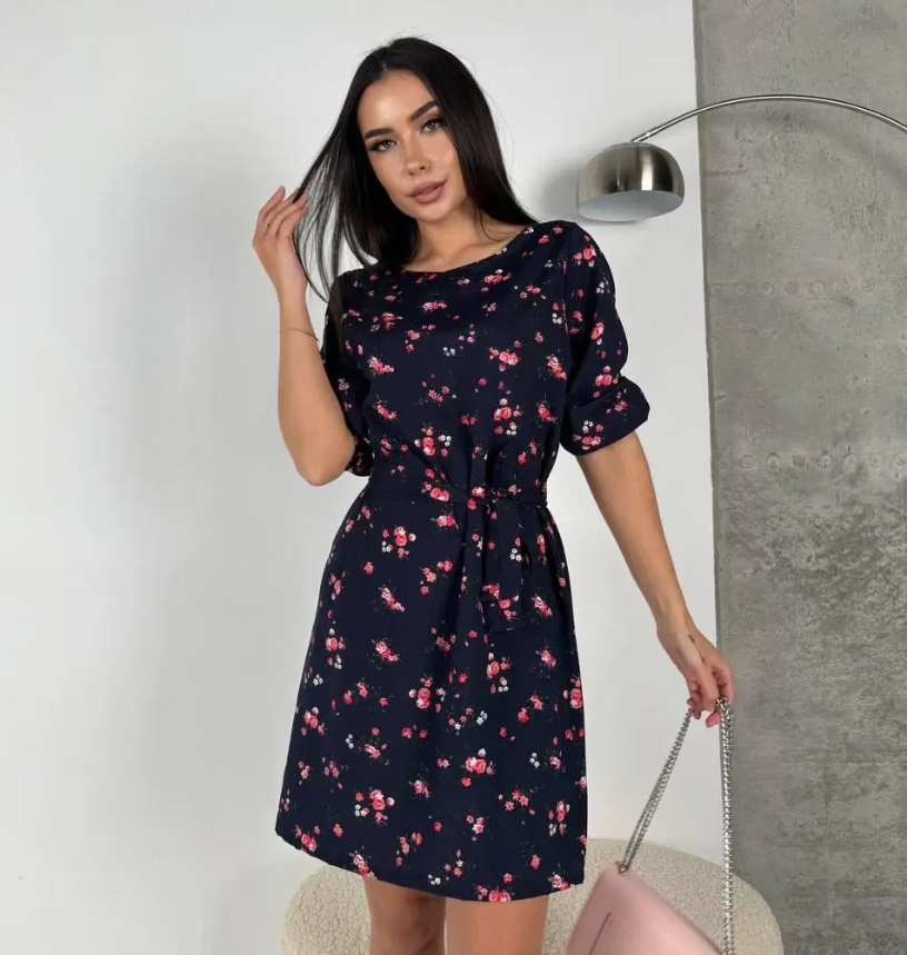 Легка літня сукня в квіточку синя сукня прямого крою з поясом коротка жіноча сукня з рукавом на літо, фото 1