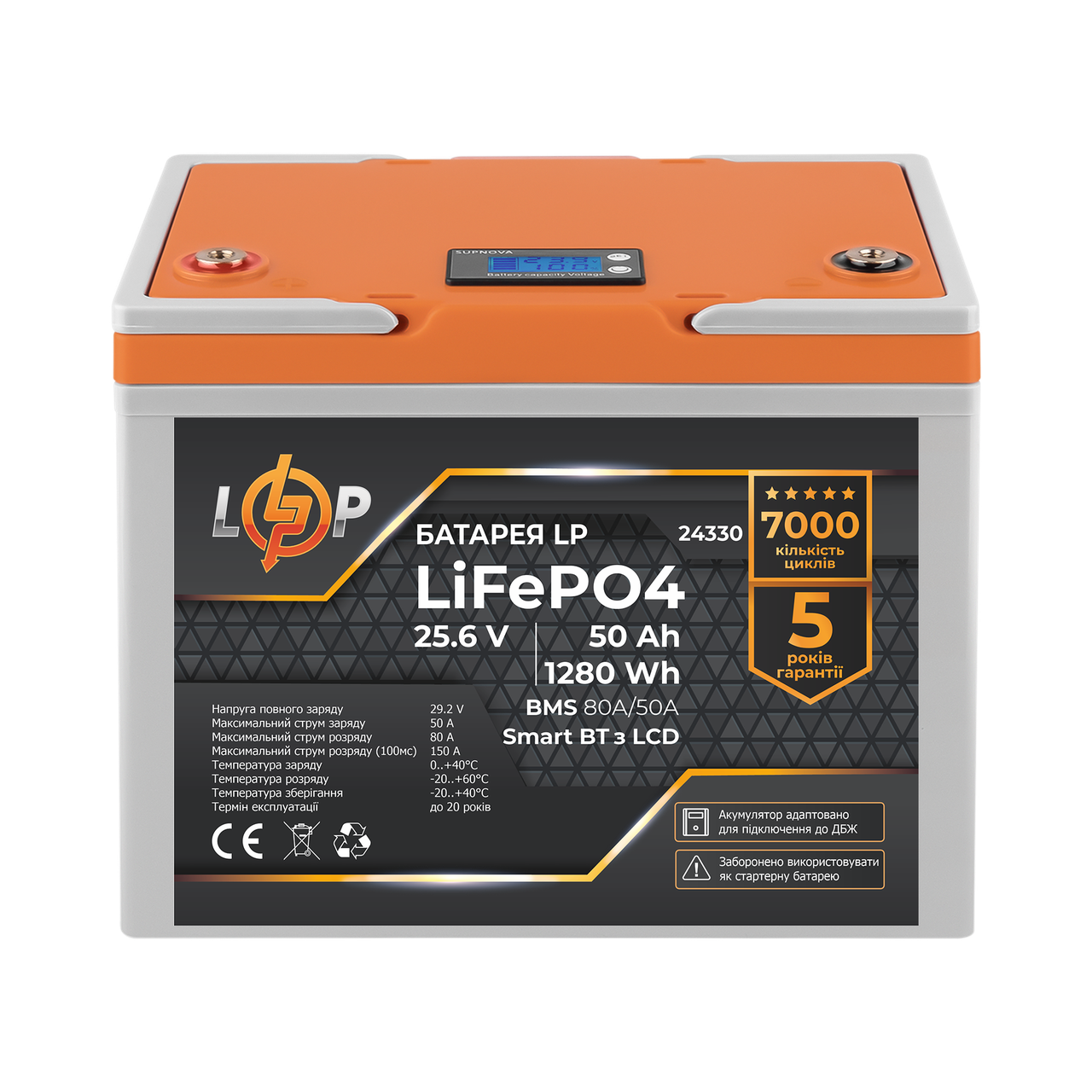 Акумулятор LP LiFePO4 25,6V - 50 Ah (1280Wh) (BMS 80A/50А) пластик LCD Smart BT