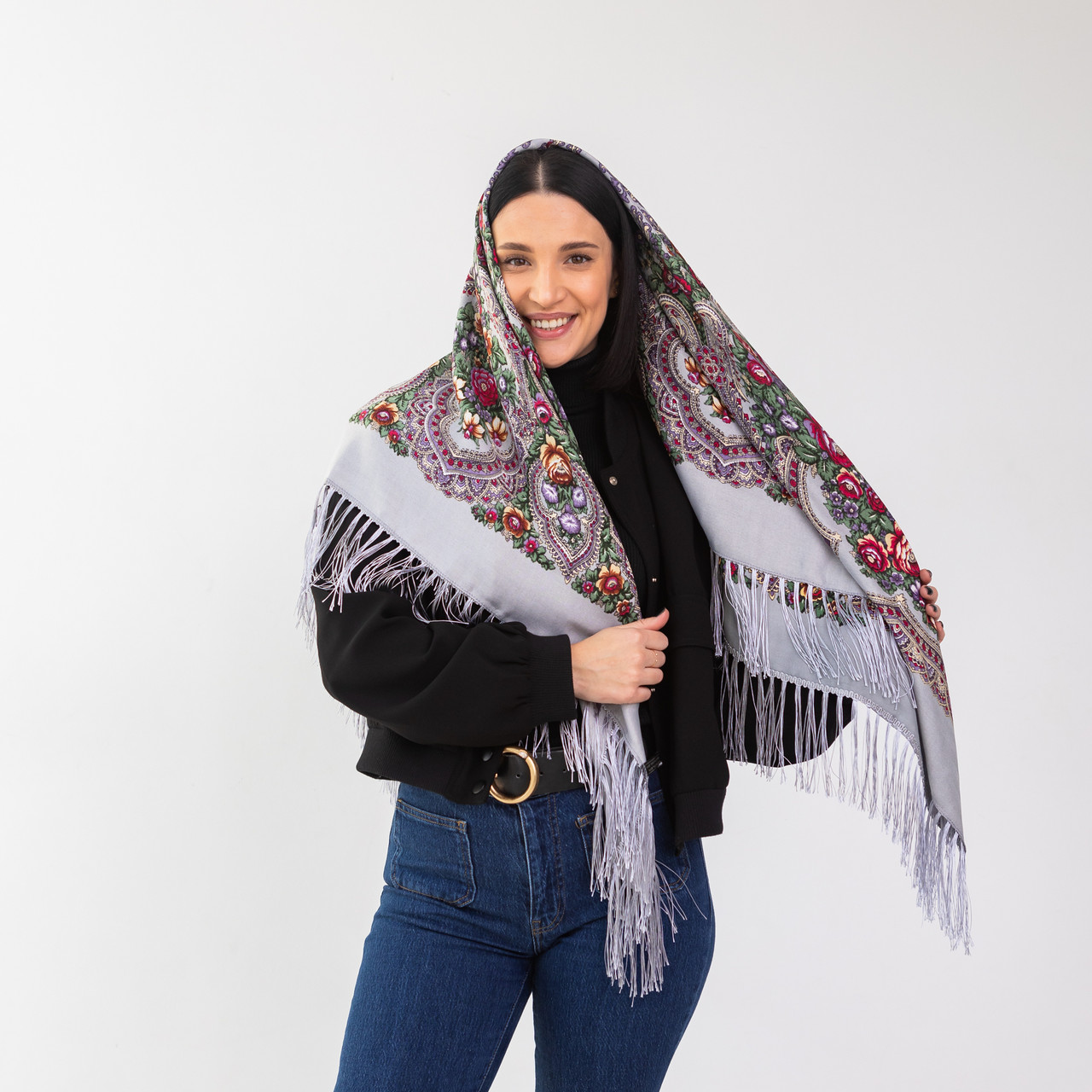 Хустка українська з торочками "Півонія" 110х110 см (сіра), фото 1