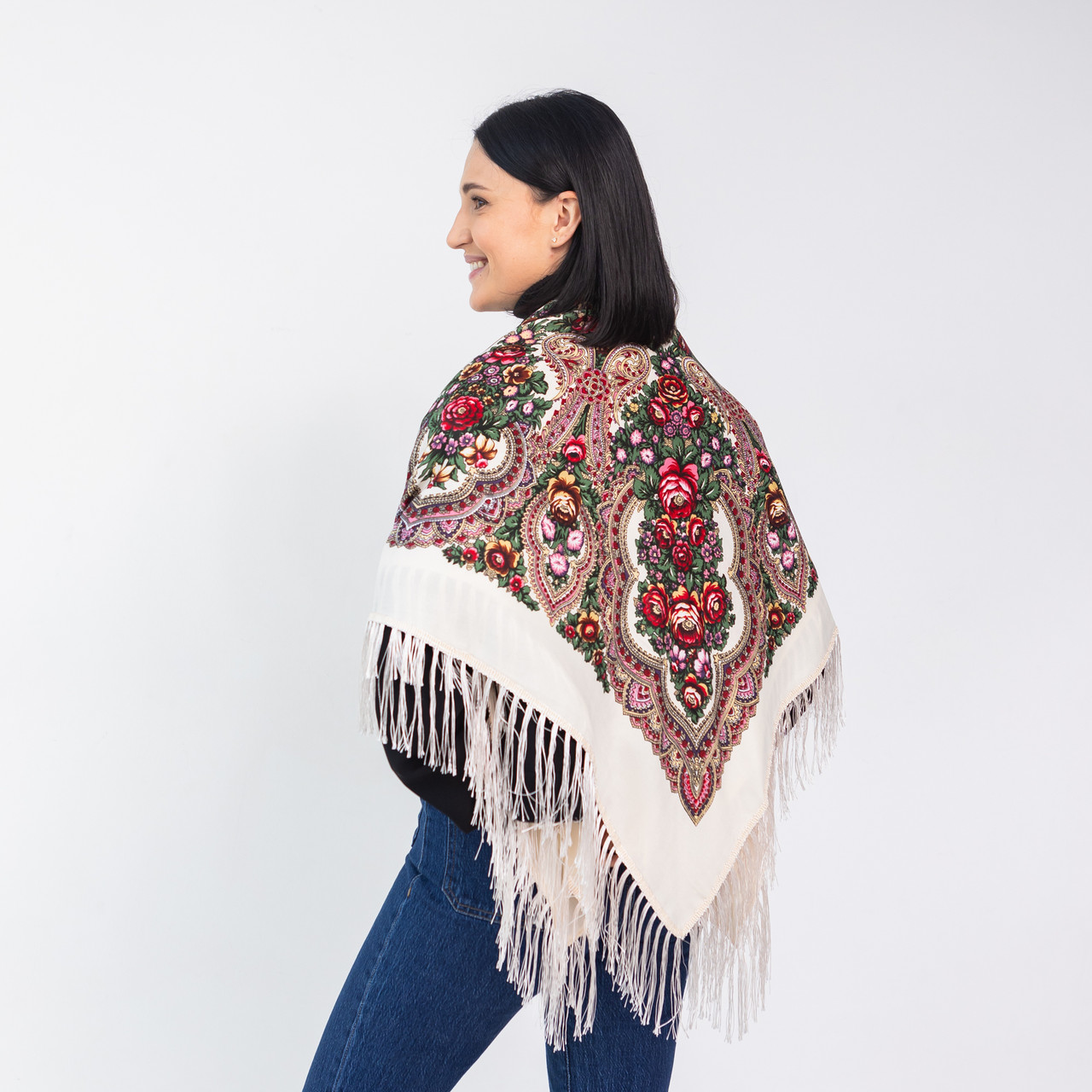 Хустка українська з торочками "Півонія" 110х110 см (кремова), фото 1