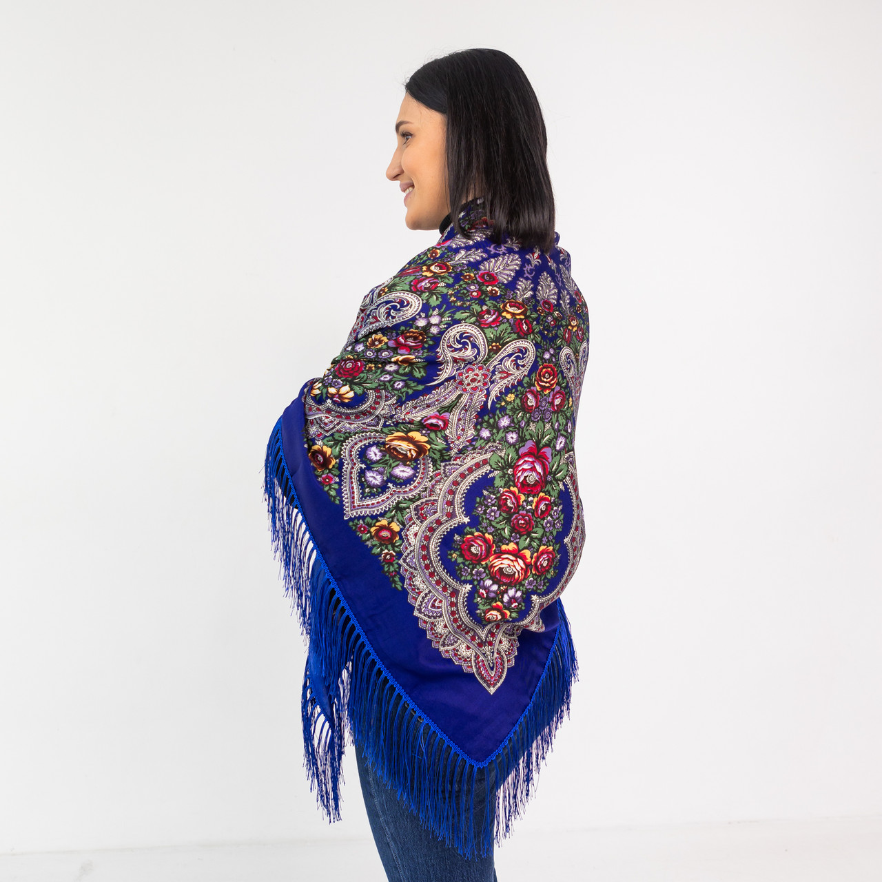 Хустка українська з торочками "Півонія" 110х110 см (синя), фото 1