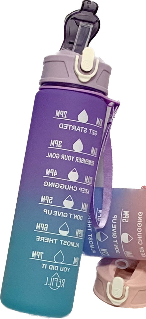 Пляшка з матовим покриттям для води з носиком і ремінцем градієнт фіолетова 950 мл, фото 1