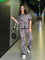 Жіночий літній батальний костюм прогулянковий двійка великого розміру футболка штани палаццо 100% бавовна варенка