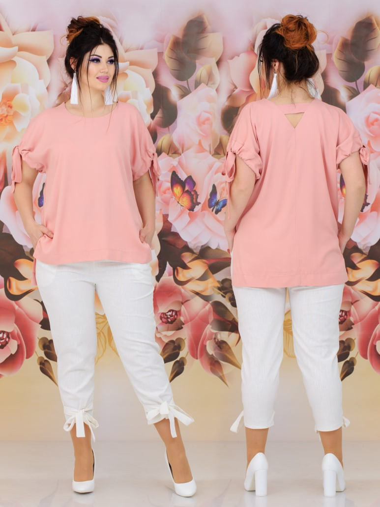 Жіночий літній натуральний костюм із льону та бавовни: блузка та штани-капрі з бантиками, батал великі розміри, фото 1