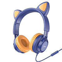 Наушники накладные с микрофоном и кошачьими ушками Hoco W36 Cat ear 3.5 мм 1.2 м Blue NX, код: 8029160