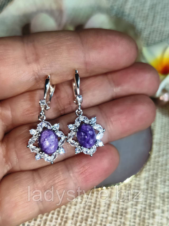 Яркие серьги с натуральным чароітом от студии LadyStyle.Biz купить украшения с чароітом, серьги кольцо перстень петерсит купить