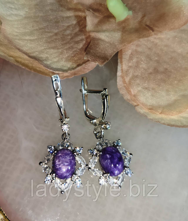 Яркие серьги с натуральным чароітом от студии LadyStyle.Biz серьбги серебряные с чароітом украшения натуральный петерсит
