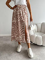 Женская яркая красивая легкая летняя трендовая юбка с разрезом с принтом зебры (черный, беж) бежевый, 46-48