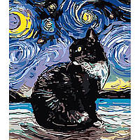 Картина по номерам Strateg ПРЕМИУМ Черный кот в стиле Ван Гога с лаком и размером 30х40 см (SS1009)