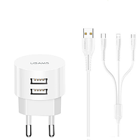 Адаптер сетевой USAMS Travel Charging Kit Sing-Tu T20 Dual USB Round Travel+U35 Lightning cable 2USB 2.1A