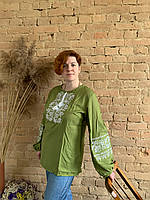 Підліткова жіноча вишиванка на оливковому домотканому полотні