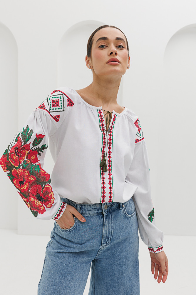 Вишиванка жіноча біла з маками хрестиком (S), фото 1