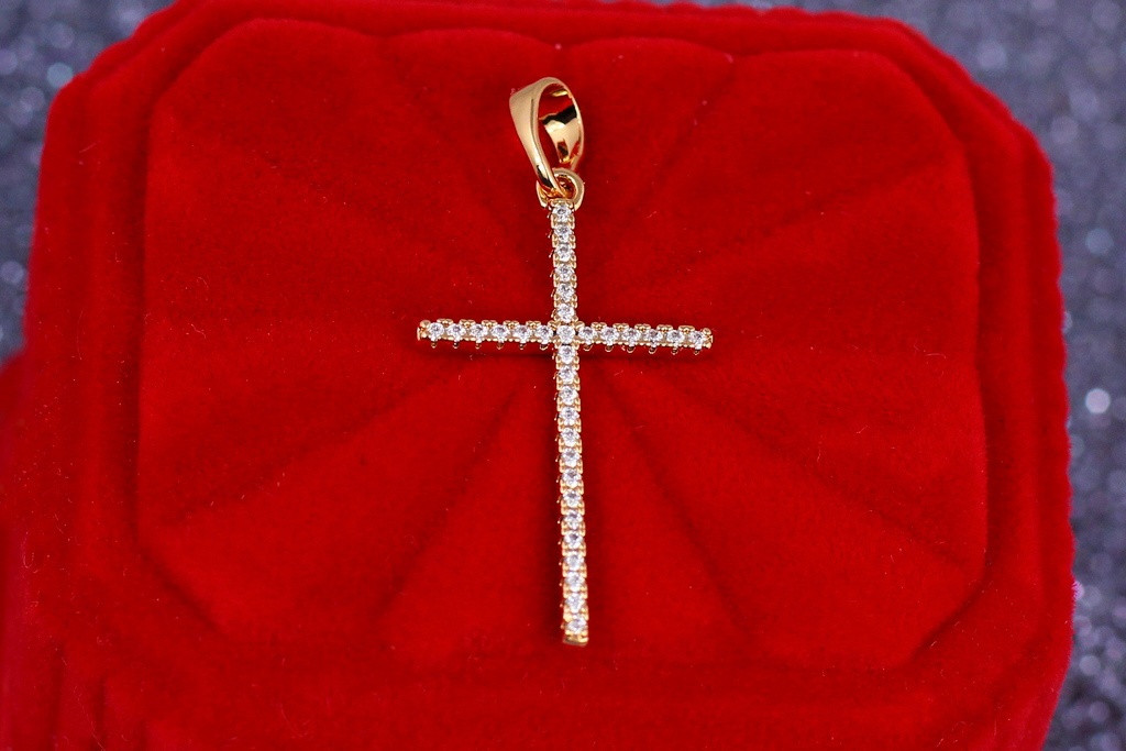 Хрестик Xuping Jewelry тонкий рівні краї 2.7 см із фіанітами золотистий