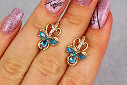Сережки медичне золото Xuping Jewelry трилисник з блакитним камінням 1.7 см