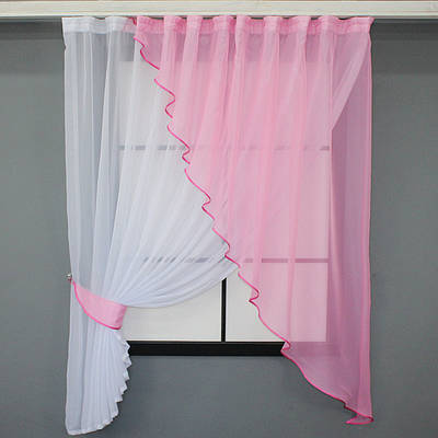 Кухонна фіранка (280х170см.), на карниз 1,5-2м. Колір рожевий з білим. Код 069к 52-0782