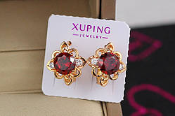 Сережки медичне золото Xuping Jewelry ромб з червоним камінчиком 1.5 см