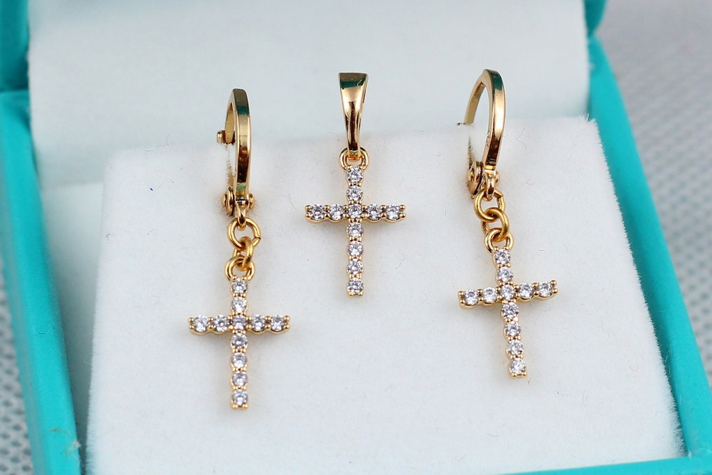 Набір Xuping Jewelry сережки з кулоном підвіски хрестики з фіанітів золотистий