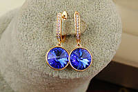 Серьги подвески медзолото Xuping Jewelry Сваровски камень в ободке синие хамелеоны 3 см золотистые