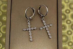 Сережки підвіски Xuping Jewelry кручені хрестики з фіанітами 3 см сріблясті