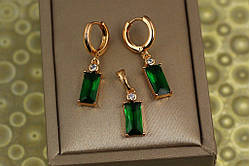 Набір Xuping Jewelry прямокутний зелений фіаніт 2,5 см золотистий