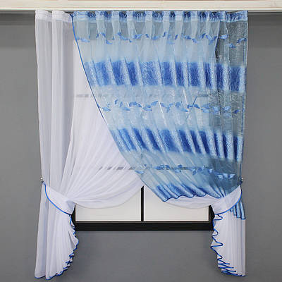 Кухонні шторки (400х170см.) комбіновані. Колір білий з блакитним. Код 111к 52-0787