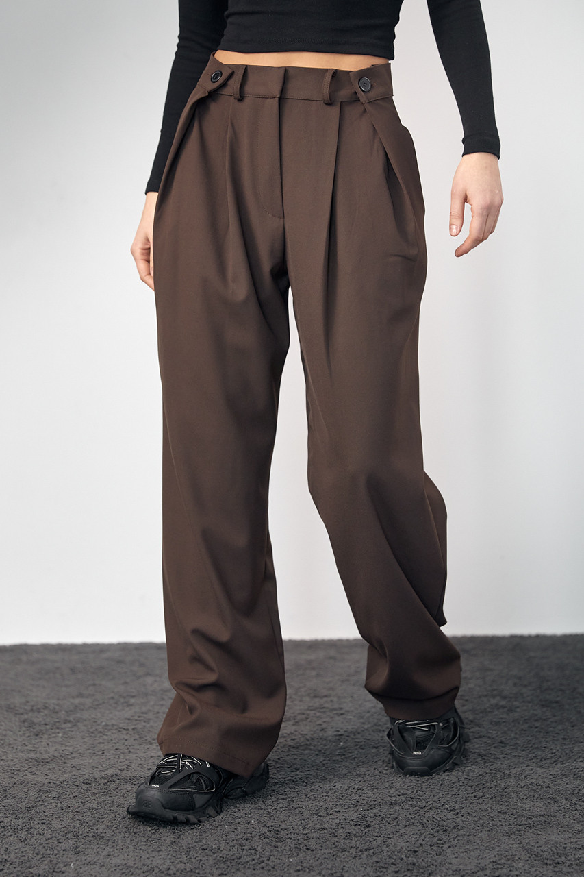 Класичні штани з акцентними ґудзиками на поясі — темно-коричневий колір, L (є розміри)