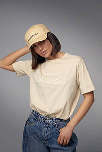 Бавовняна жіноча футболка з вишитим написом — бежевий колір, L (є розміри)