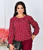 Стильная женская блуза в горошек бордовая нарядная блузка з широкими рукавами