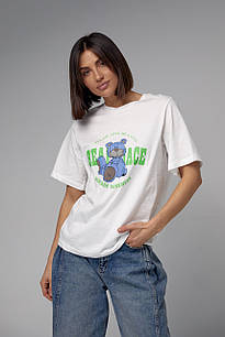 Бавовняна футболка з яскравим принтом ведмедя — білий колір, L (є розміри)