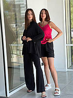 Женский костюм-тройка жатка рубашка штаны шорты размер XS, летний легкий костюм 3 в 1 черный, костюм жатка