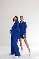 Женский костюм-тройка жатка рубашка штаны шорты размер XS, летний легкий костюм 3 в 1 синий, костюм жатка