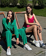 Женский костюм-тройка жатка рубашка штаны шорты размер L, летний легкий костюм 3 в 1 зеленый, костюм жатка