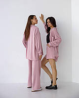 Женский костюм-тройка жатка рубашка штаны шорты размер L, летний легкий костюм 3 в 1 розовый, костюм жатка
