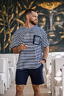 Мужской костюм футболка тельняшка шорты размер: 46-48 (s-m), 50-52 (l-xl), 54-56 (2xl-3xl) Синий, 50/52