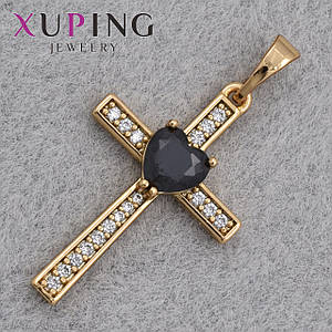 Крестик золотистого цвета фирмы Xuping медицинское золото с белыми и чёрными стразами размер изделия 26х15 мм
