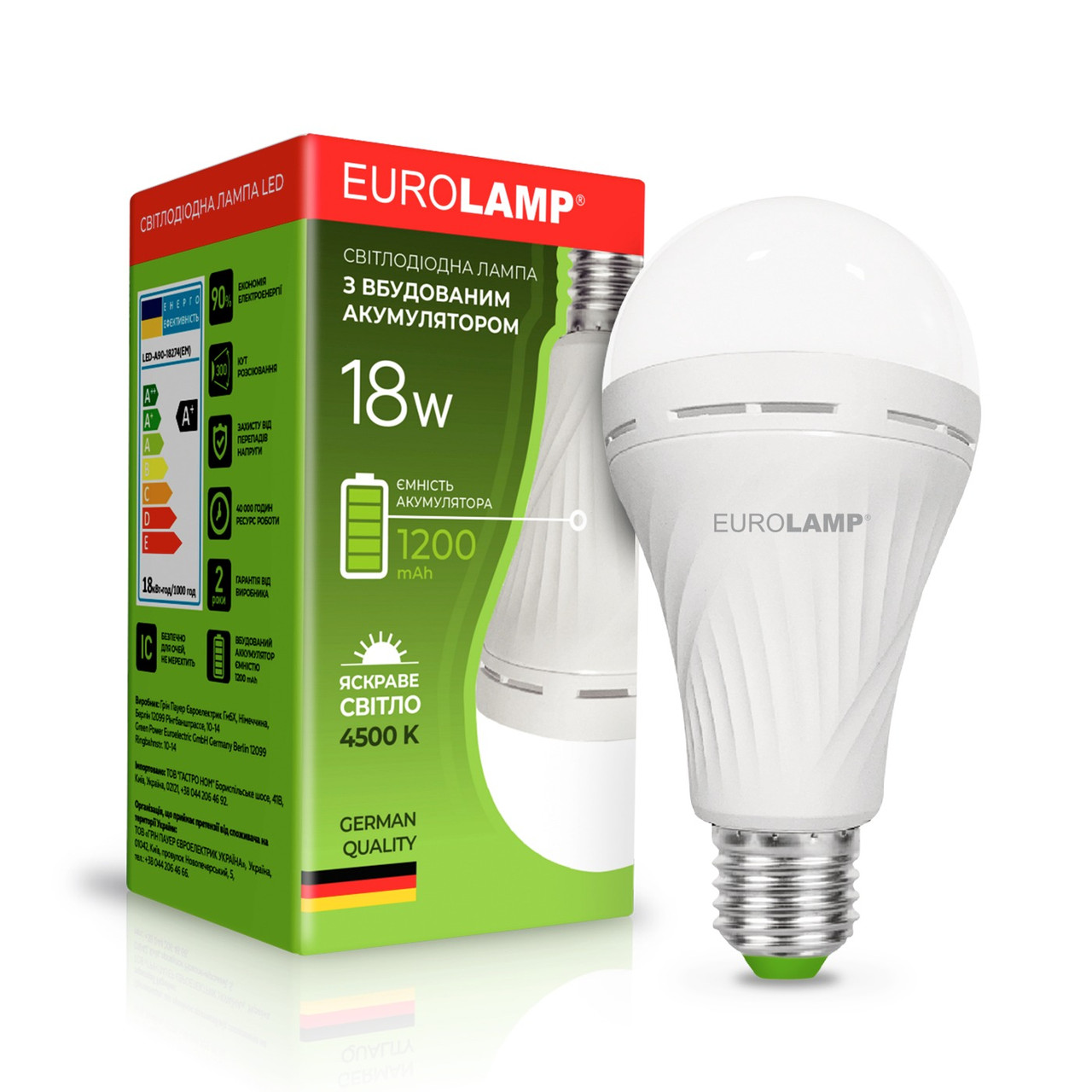 Світлодіодна лампа акумуляторна Eurolamp A90 18W E27 4500K 1200mAh LED-A90-18274(EM)