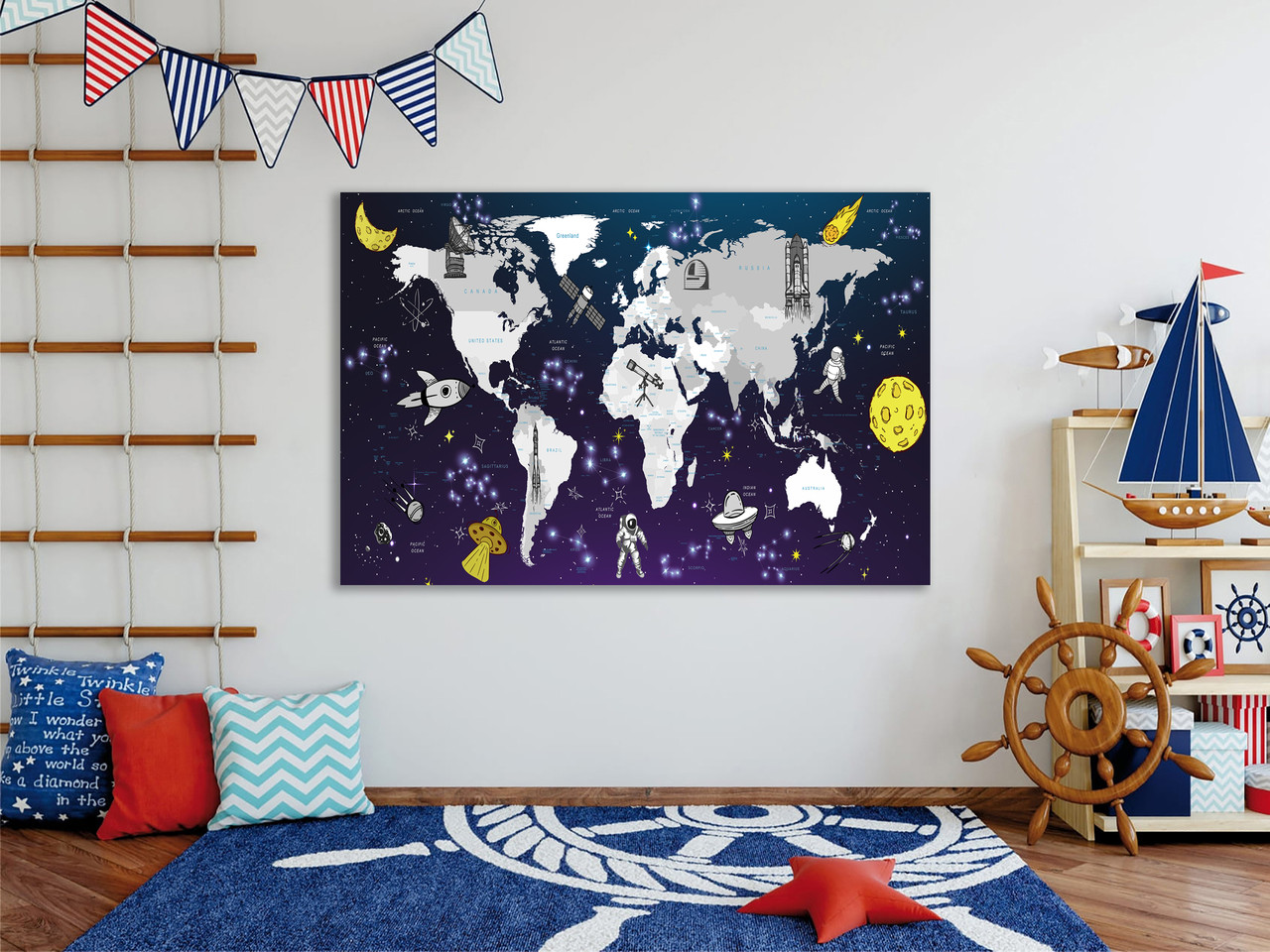 Карта світу дитяча картина на полотні в дитячу кімнату з дерев'яній рамі на полотні, фото 1